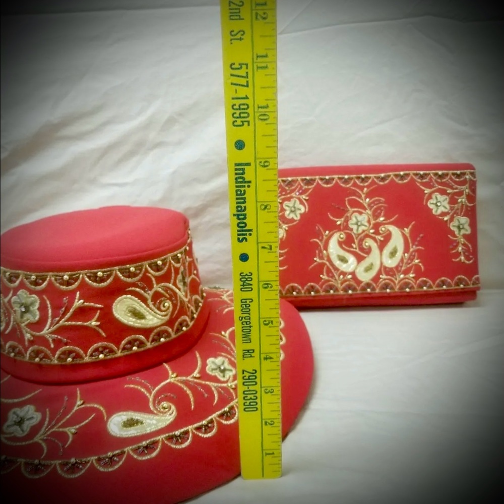 Studio B Woman’s Red Embroidered & Beaded Fancy Church Derby Hat & Clutch Bag - Picture 5 of 11